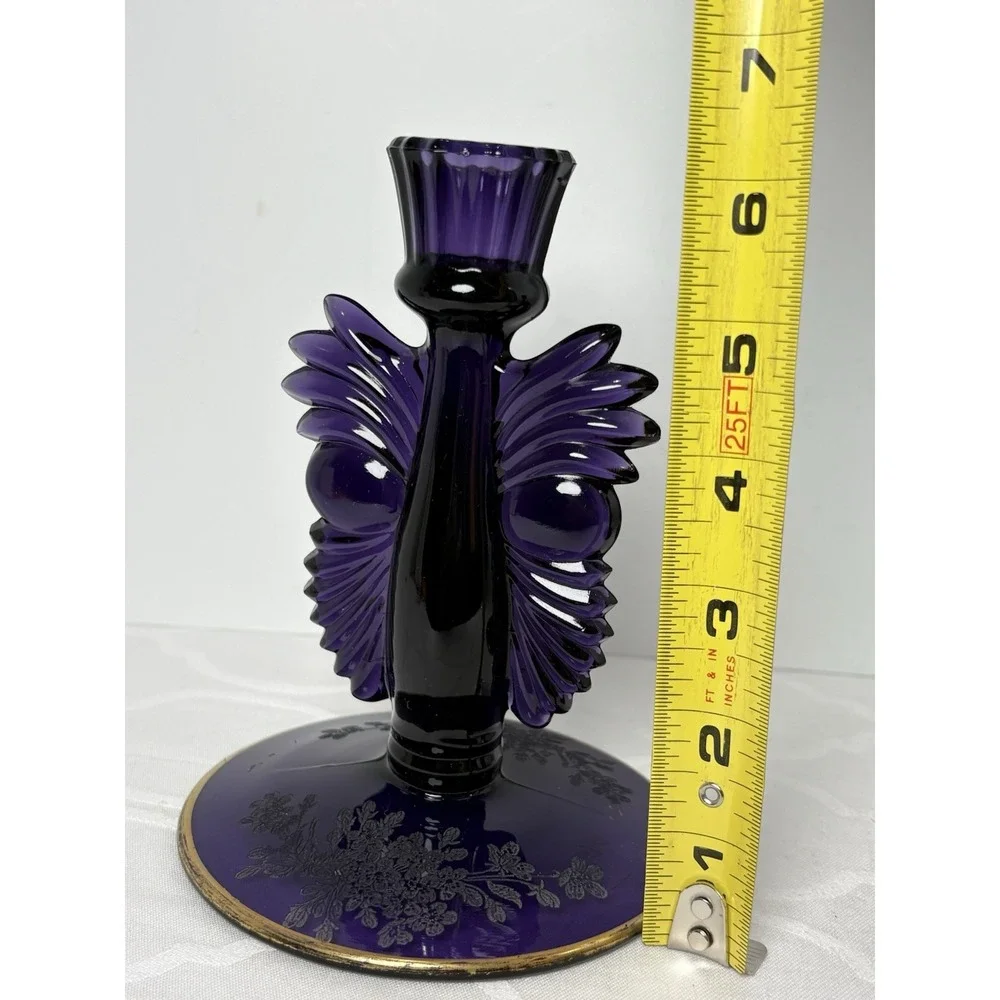 2 VTG Paden City Purple Amethyst Glass Art Deco Candlesticks Maya Ardith Etching